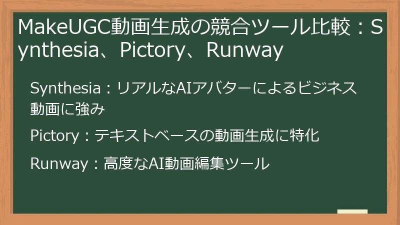 MakeUGC動画生成の競合ツール比較：Synthesia、Pictory、Runway