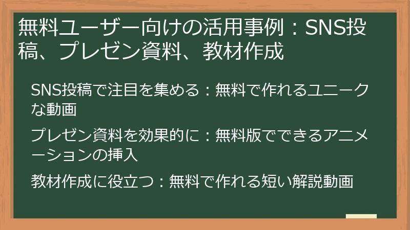 無料ユーザー向けの活用事例：SNS投稿、プレゼン資料、教材作成