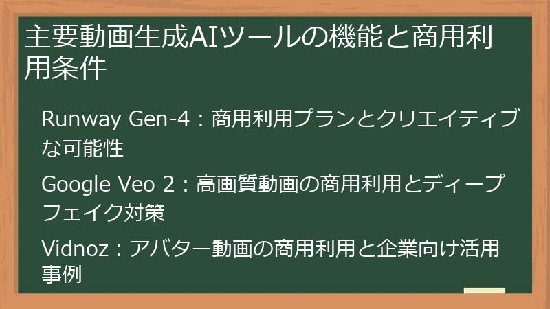 主要動画生成AIツールの機能と商用利用条件