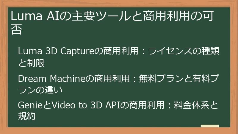 Luma AIの主要ツールと商用利用の可否