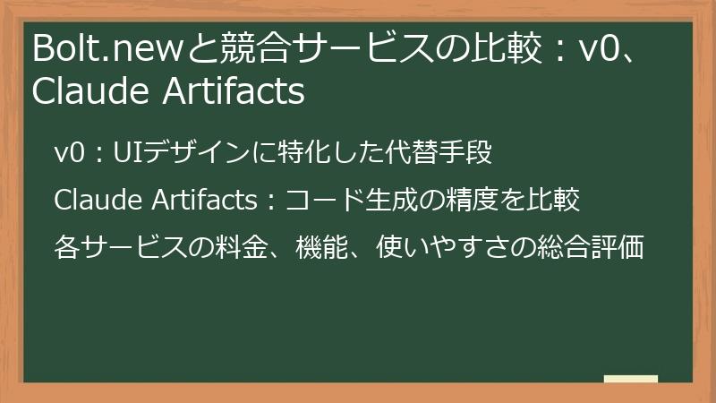Bolt.newと競合サービスの比較：v0、Claude Artifacts