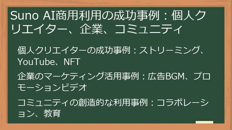 Suno AI商用利用の成功事例：個人クリエイター、企業、コミュニティ