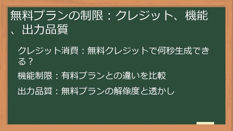 無料プランの制限：クレジット、機能、出力品質