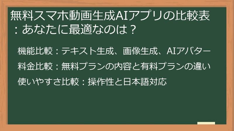 無料スマホ動画生成AIアプリの比較表：あなたに最適なのは？
