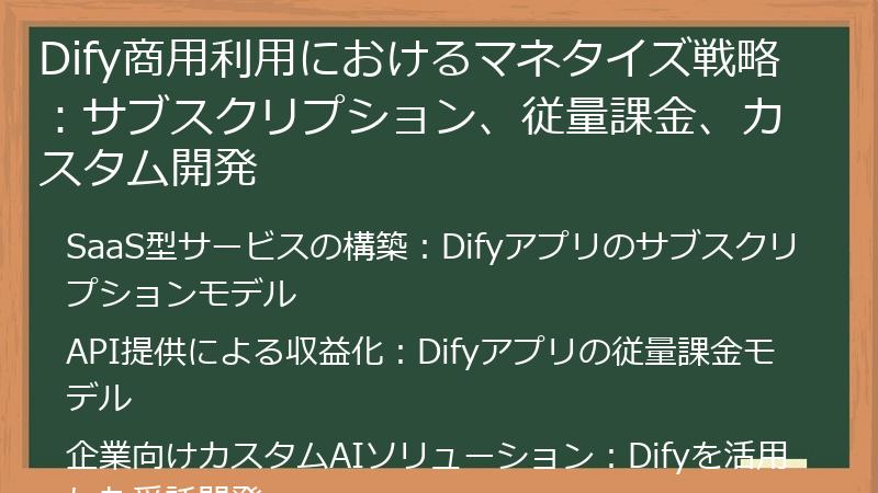 Dify商用利用におけるマネタイズ戦略：サブスクリプション、従量課金、カスタム開発