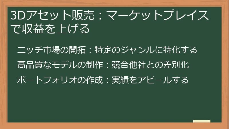 3Dアセット販売：マーケットプレイスで収益を上げる