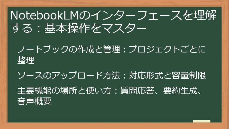 NotebookLMのインターフェースを理解する：基本操作をマスター