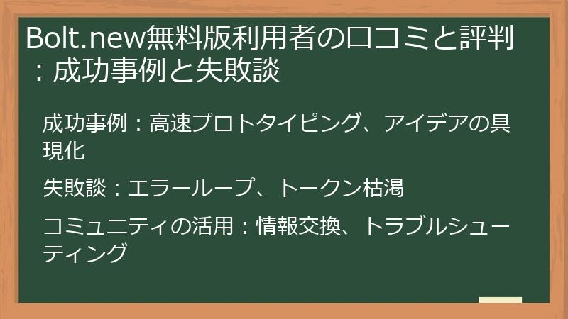 Bolt.new無料版利用者の口コミと評判：成功事例と失敗談
