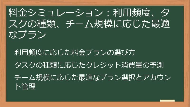 料金シミュレーション：利用頻度、タスクの種類、チーム規模に応じた最適なプラン