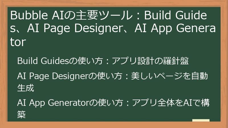 Bubble AIの主要ツール：Build Guides、AI Page Designer、AI App Generator