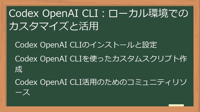 Codex OpenAI CLI：ローカル環境でのカスタマイズと活用