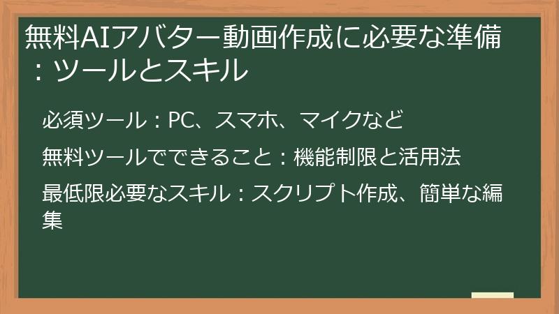 無料AIアバター動画作成に必要な準備：ツールとスキル