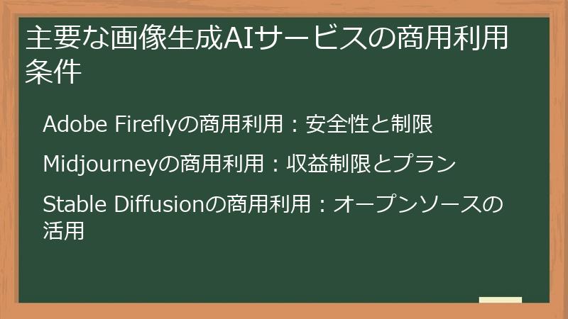主要な画像生成AIサービスの商用利用条件