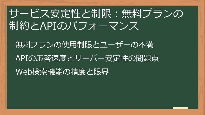 サービス安定性と制限：無料プランの制約とAPIのパフォーマンス