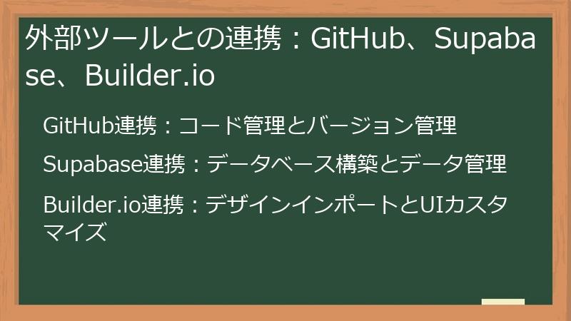 外部ツールとの連携：GitHub、Supabase、Builder.io