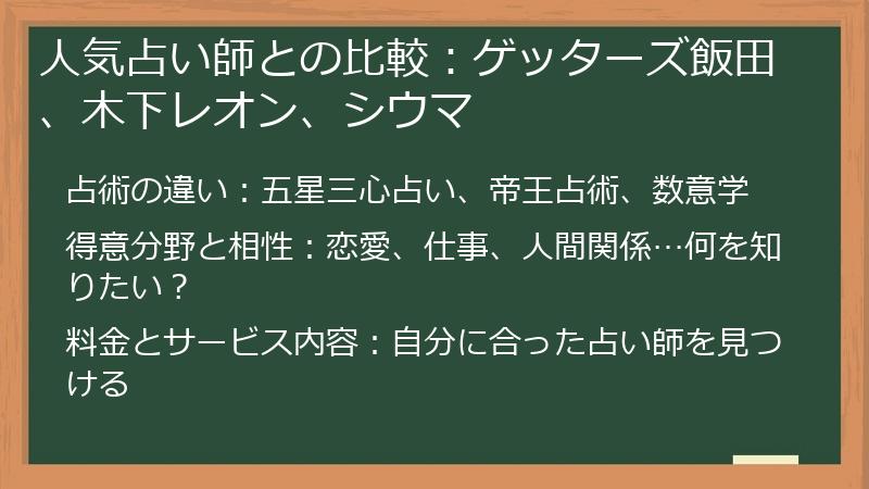 人気占い師との比較：ゲッターズ飯田、木下レオン、シウマ