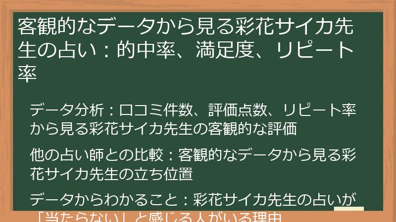 客観的なデータから見る彩花サイカ先生の占い：的中率、満足度、リピート率