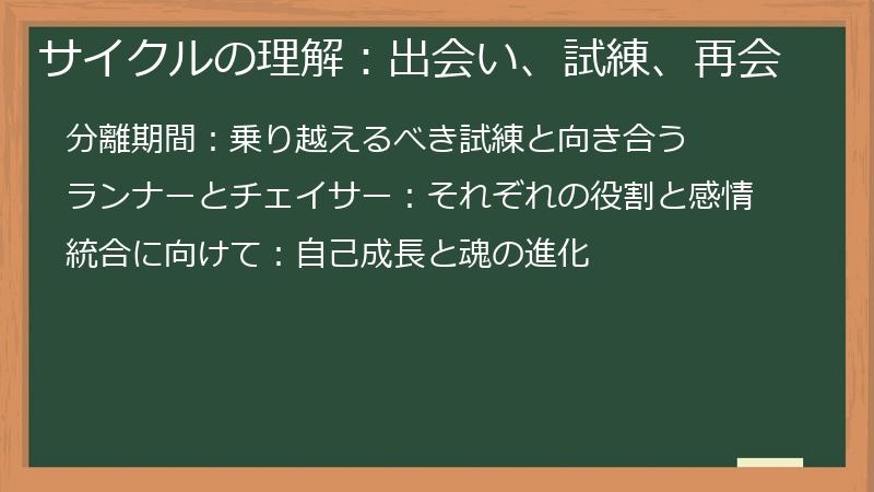 サイクルの理解：出会い、試練、再会