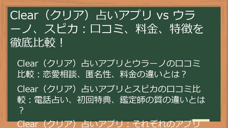 Clear（クリア）占いアプリ vs ウラーノ、スピカ：口コミ、料金、特徴を徹底比較！