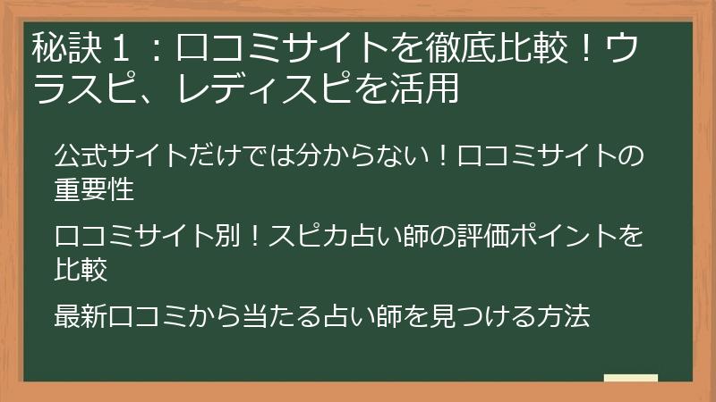 秘訣１：口コミサイトを徹底比較！ウラスピ、レディスピを活用