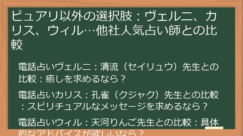ピュアリ以外の選択肢：ヴェルニ、カリス、ウィル…他社人気占い師との比較