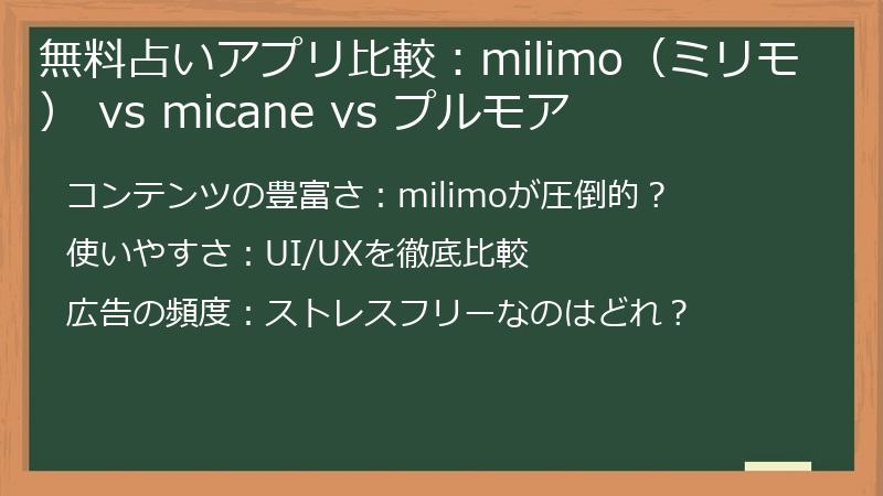 無料占いアプリ比較：milimo（ミリモ） vs micane vs プルモア