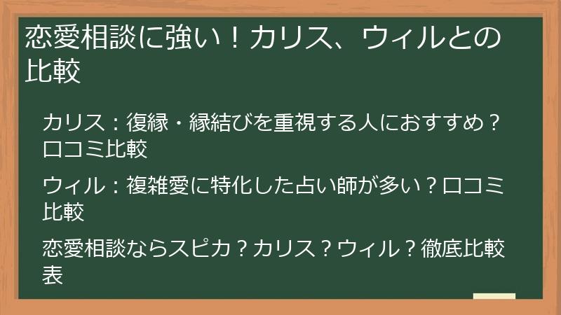 恋愛相談に強い！カリス、ウィルとの比較