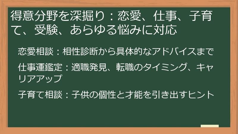得意分野を深掘り：恋愛、仕事、子育て、受験、あらゆる悩みに対応