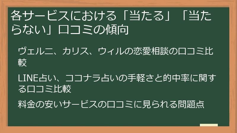 各サービスにおける「当たる」「当たらない」口コミの傾向