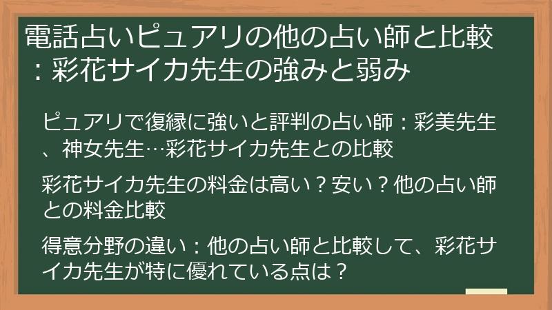 電話占いピュアリの他の占い師と比較：彩花サイカ先生の強みと弱み