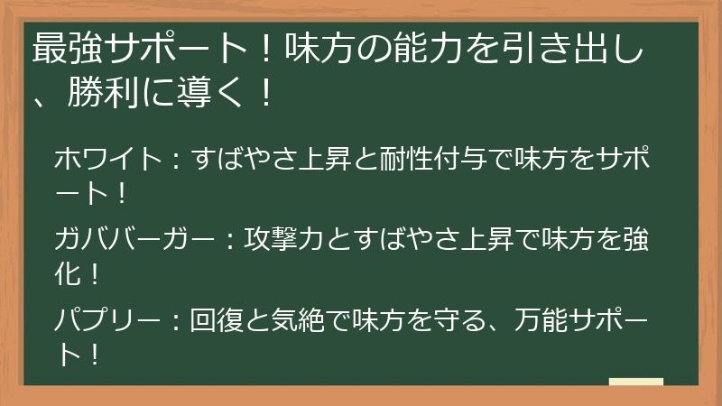 最強サポート！味方の能力を引き出し、勝利に導く！