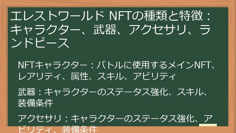 エレストワールド NFTの種類と特徴：キャラクター、武器、アクセサリ、ランドピース