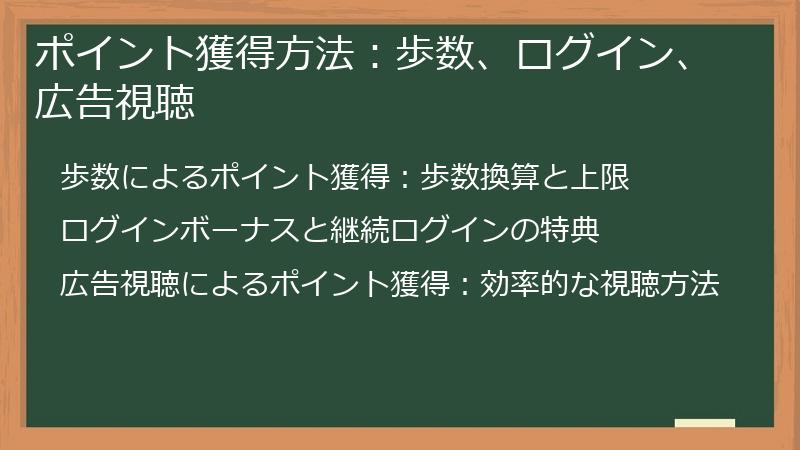 ポイント獲得方法：歩数、ログイン、広告視聴