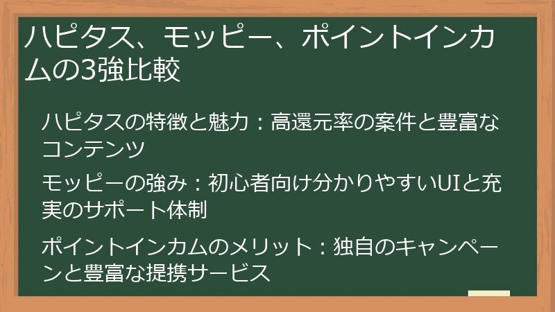 ハピタス、モッピー、ポイントインカムの3強比較
