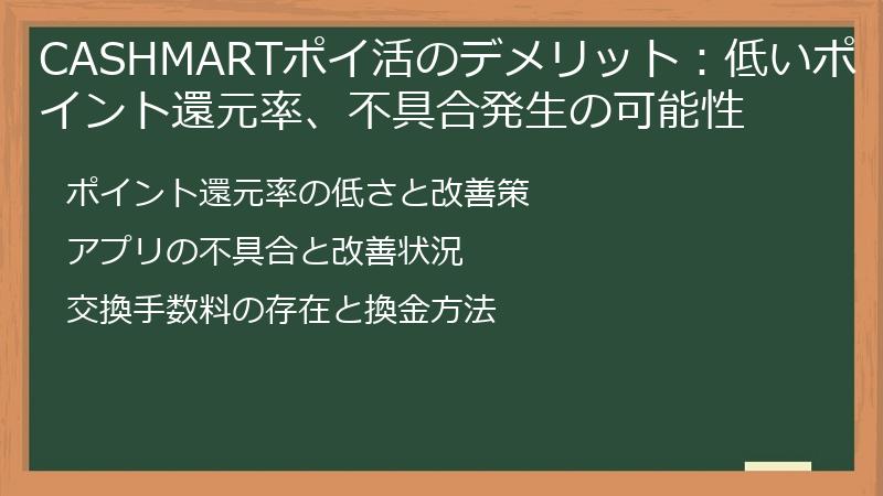 CASHMARTポイ活のデメリット：低いポイント還元率、不具合発生の可能性