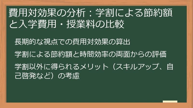 費用対効果の分析：学割による節約額と入学費用・授業料の比較