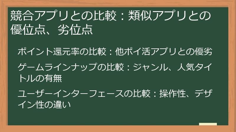 競合アプリとの比較：類似アプリとの優位点、劣位点