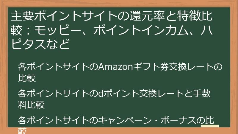 主要ポイントサイトの還元率と特徴比較：モッピー、ポイントインカム、ハピタスなど