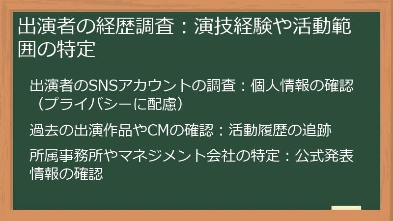 出演者の経歴調査：演技経験や活動範囲の特定
