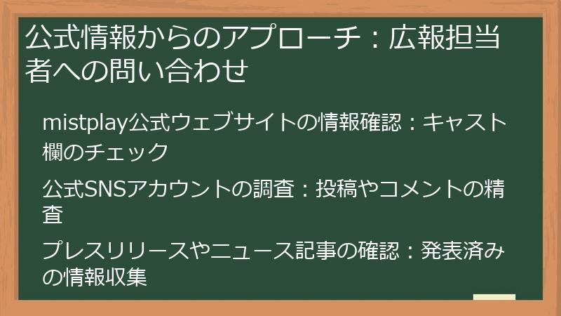 公式情報からのアプローチ：広報担当者への問い合わせ