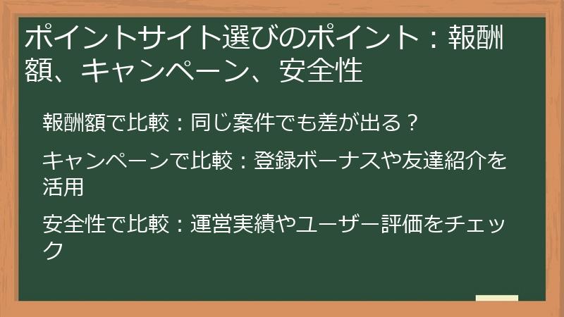 ポイントサイト選びのポイント：報酬額、キャンペーン、安全性