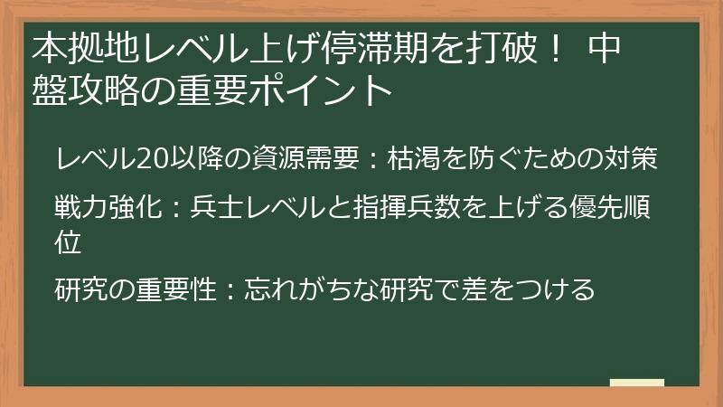 本拠地レベル上げ停滞期を打破！ 中盤攻略の重要ポイント