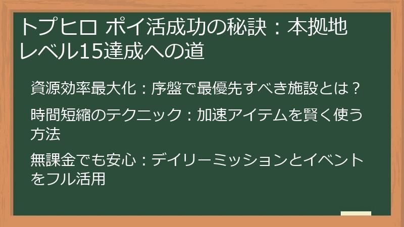 トプヒロ ポイ活成功の秘訣：本拠地レベル15達成への道
