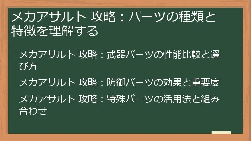 メカアサルト 攻略：パーツの種類と特徴を理解する