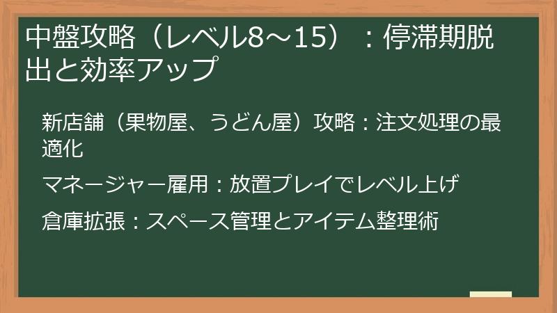 中盤攻略（レベル8～15）：停滞期脱出と効率アップ