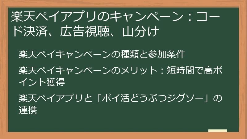 楽天ペイアプリのキャンペーン：コード決済、広告視聴、山分け