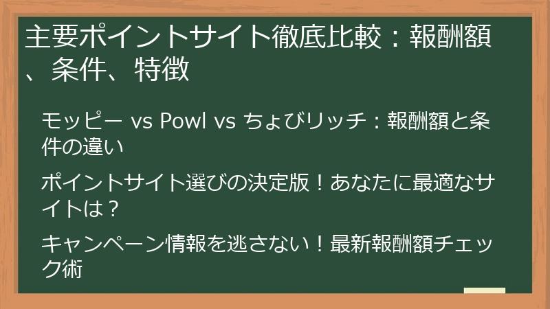 主要ポイントサイト徹底比較：報酬額、条件、特徴