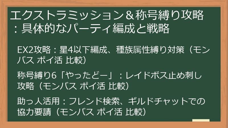 エクストラミッション＆称号縛り攻略：具体的なパーティ編成と戦略