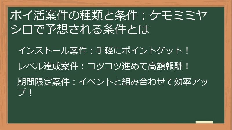 ポイ活案件の種類と条件：ケモミミヤシロで予想される条件とは