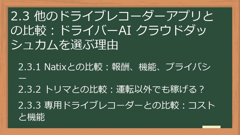 2.3 他のドライブレコーダーアプリとの比較：ドライバーAI クラウドダッシュカムを選ぶ理由